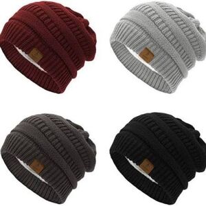 Set of Four Knit Beanies - Red, Gray, Brown, Black